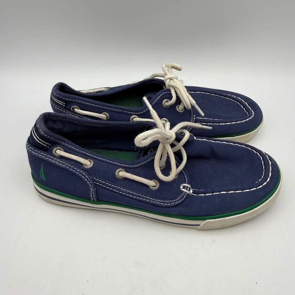 Nautica Spinnaker Boat Shoes Kids Size 2‎ Navy Blue Canvas Loafers Moc Toe